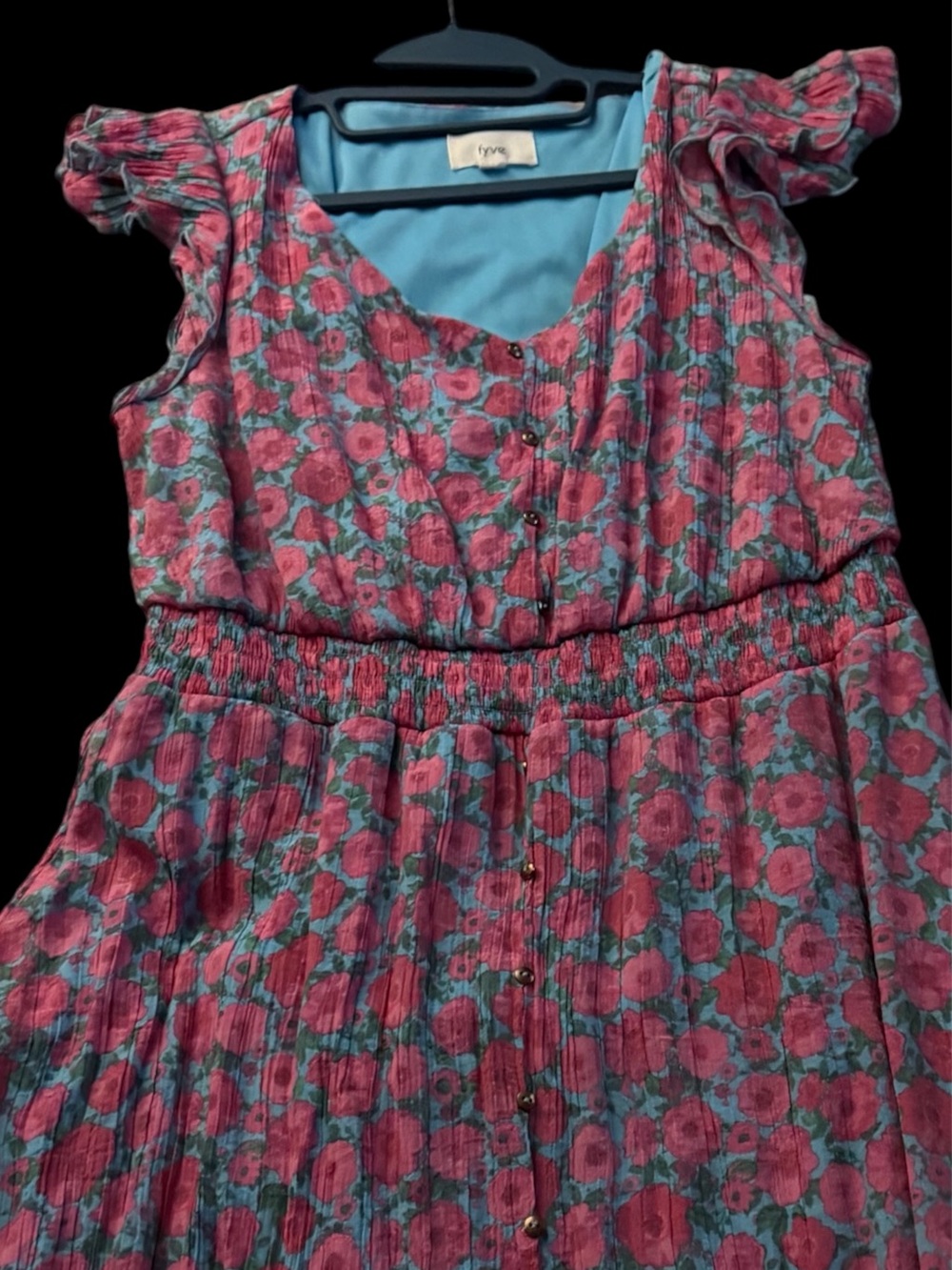 Fyve ~ Vibrant ~ Pink & Blue Floral ~ Smocked ~ Midi Dress ~ Flutter Sleeves